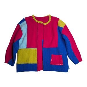 Vtg 1990s Colorful Handmade Upcycled Patchwork Wool Open Front Cardigan L